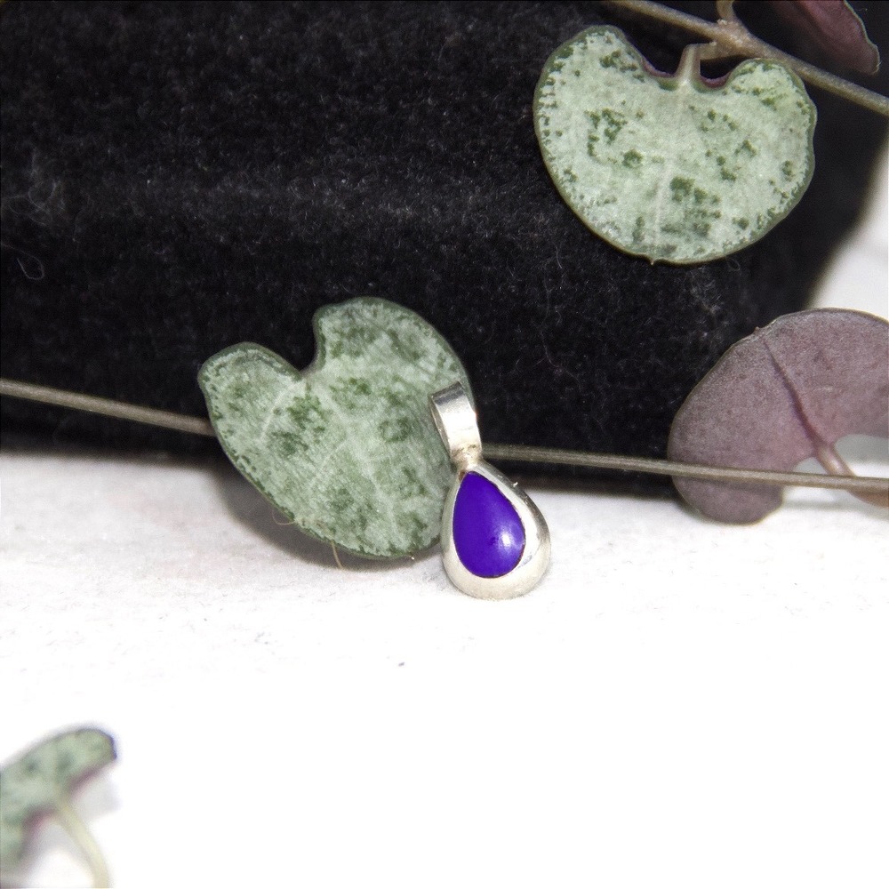 925 Sterling Silver Purple Teardrop Inlay Pendant Dainty Charm Minimalist Small